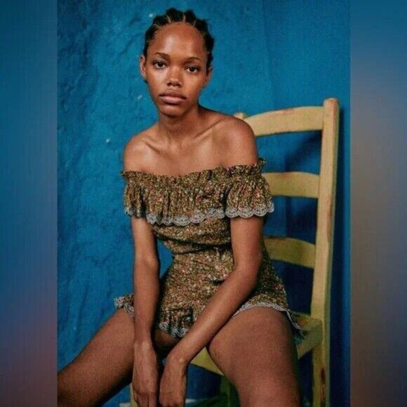 Sézane Kiwi Jumpsuit Romper Dress Floral Eyelet Embroidered Ruffle S-36 278086 - Picture 2 of 9